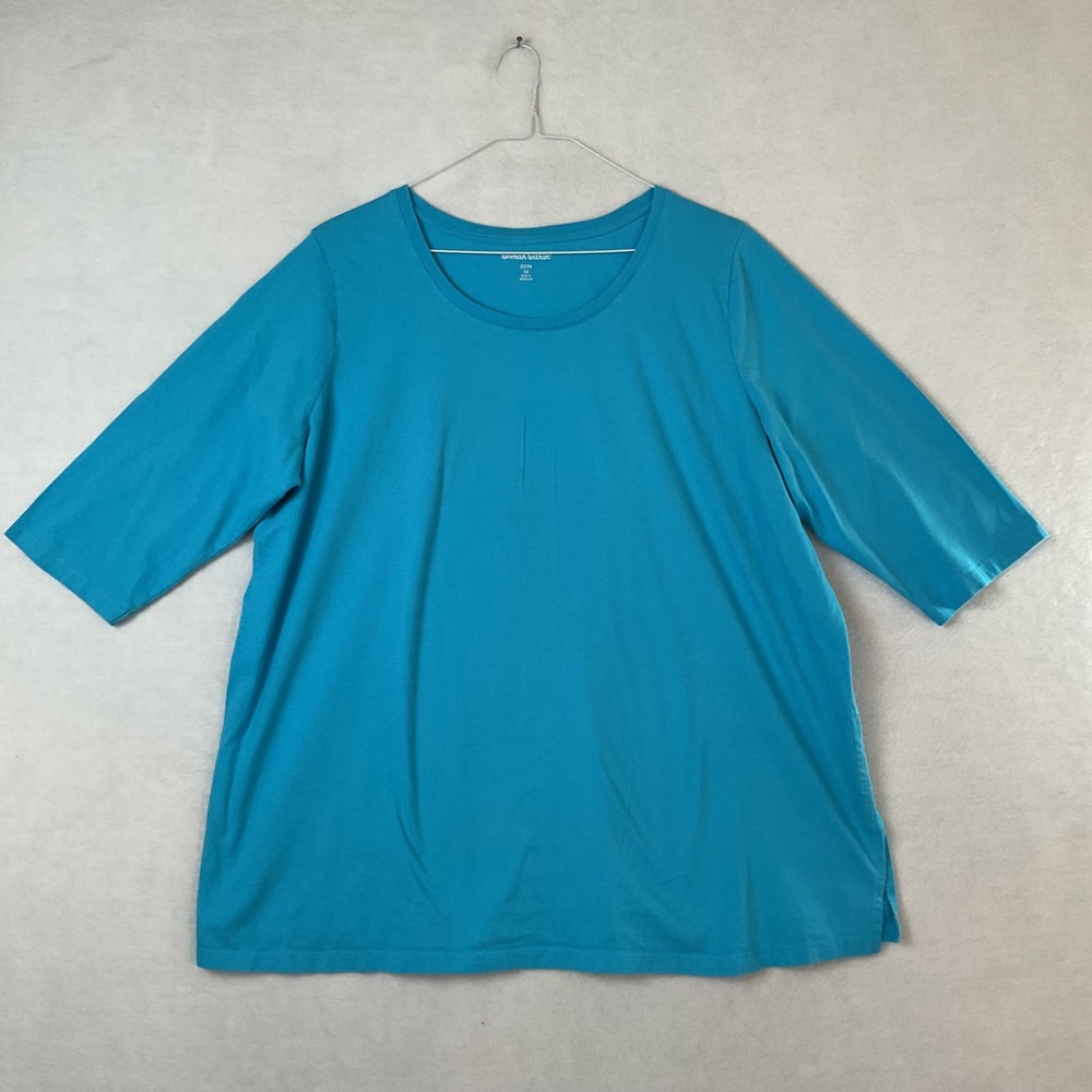 Woman Within Plus 1X 22/24 Turquoise Blue Cotton Scoop Neck Elbow Sleeve Tee